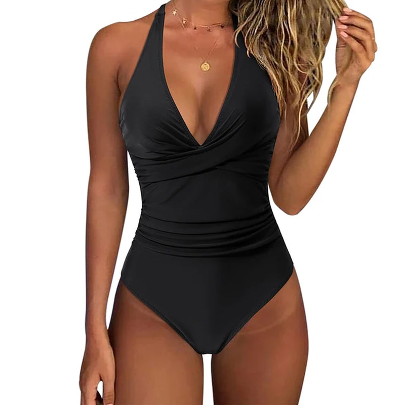 Women One Piece Set Swimsuit Print Backless Puch up Solid Sexy Women&
