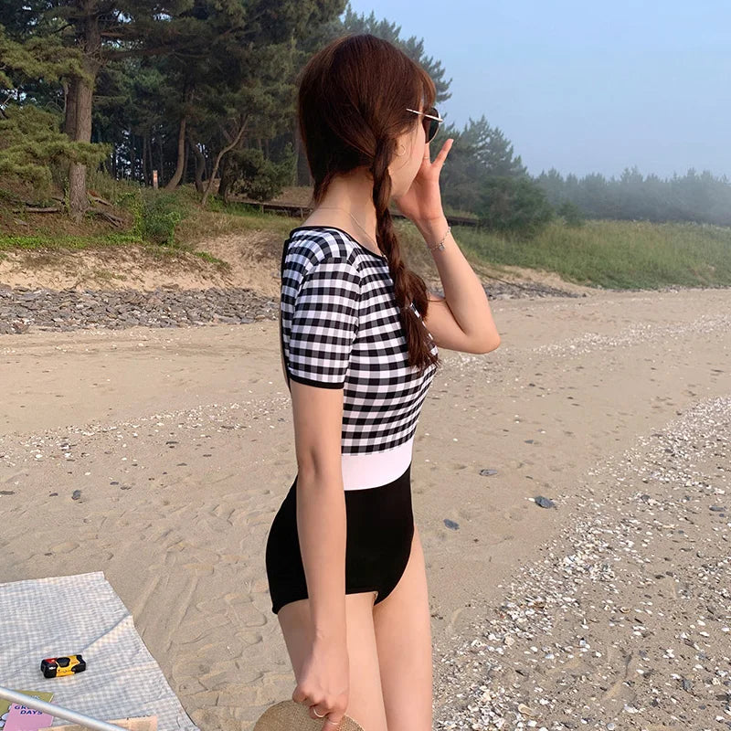 One Piece Swimwear Women High Waist Swimwear Plaid Swimsuit Backless Bathing Suit Sexy Monokini Summer Beachwear 2020 Forasian