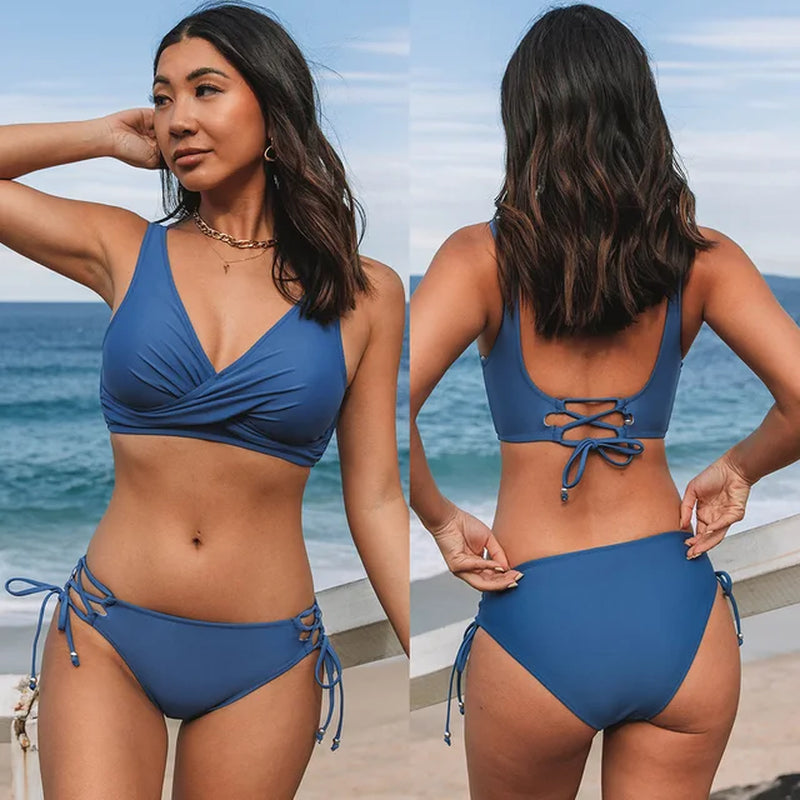 Yellow and Lemon Print Mid-Waist Bikini Sets Swimsuit Women Sexy Lace up Two Pieces Swimwear 2023 New Beach Bathing Suits