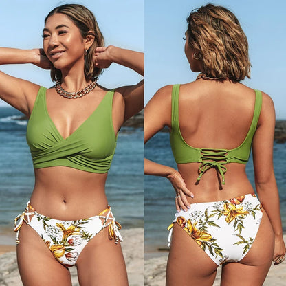 Yellow and Lemon Print Mid-Waist Bikini Sets Swimsuit Women Sexy Lace up Two Pieces Swimwear 2023 New Beach Bathing Suits