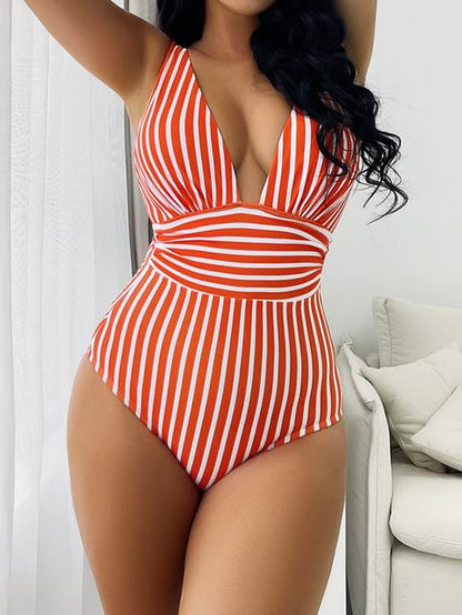 2023 Striped One Piece Swimsuit Vintage Swimwear Women V-Neck Bathing Swimming Suit Female Summer Beachwear Bodysuit
