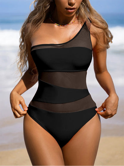 Sexy One Shoulder Mesh Patchwork One-Pieces Swimwear Women 2023 New Hollow Out High Cut Women&