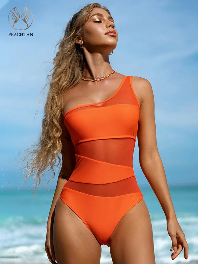 Sexy One Shoulder Mesh Patchwork One-Pieces Swimwear Women 2023 New Hollow Out High Cut Women&